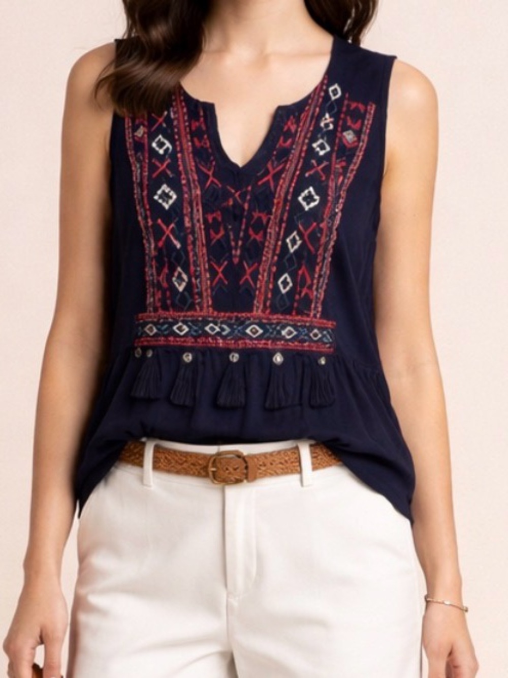 Tribal Jeans Embroidered Artisan Peplum Tank‎ Navy Tassel Top M